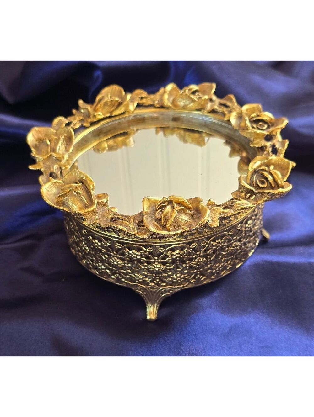 Vtg Gold Ormolu Filigree Trinket Box Mid-Century Rose Mirror Vanity Powder Box